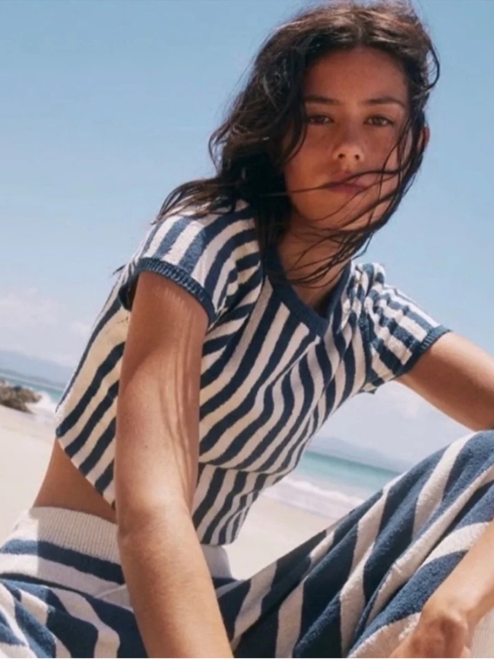 FP Beach Roberts Navy and Cream Striped Knit Top Small